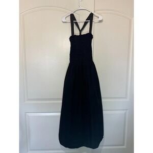 Zara Topstitched Midi Dress‎ Black Ruched Peplum Dress With Tan Cotton Size: S